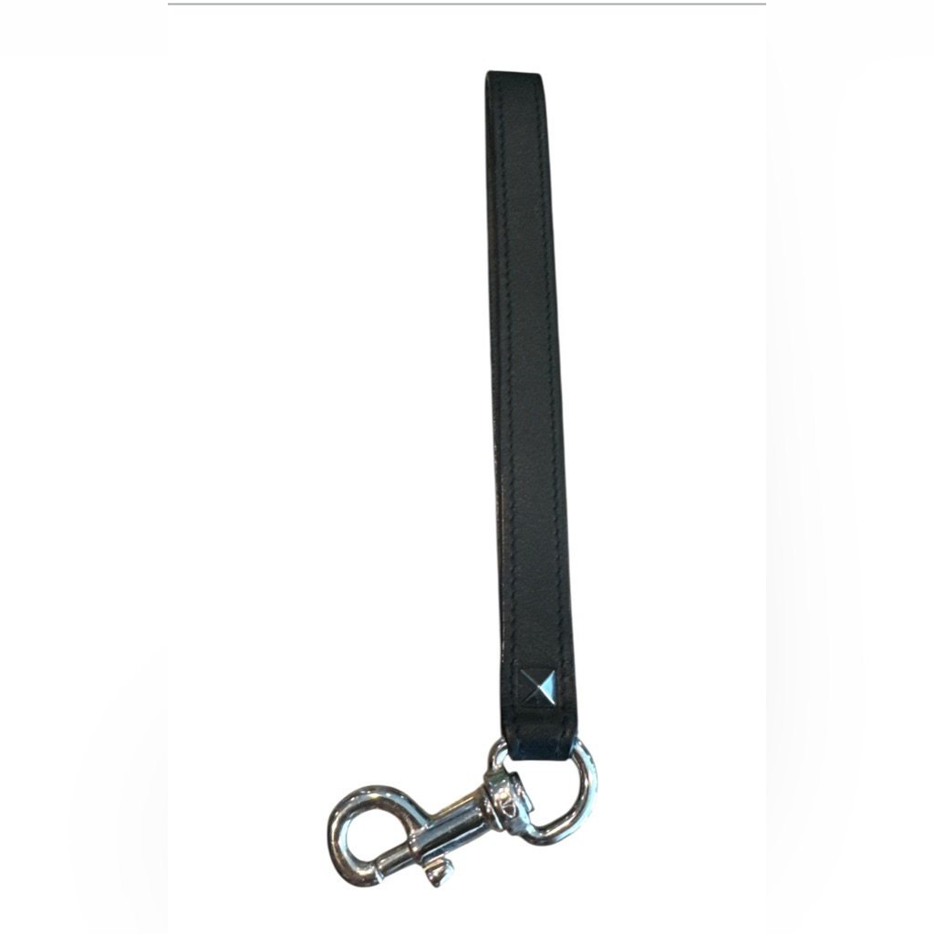 Valentino Garavani Black Leather Strap Key Fob With Silver Accents